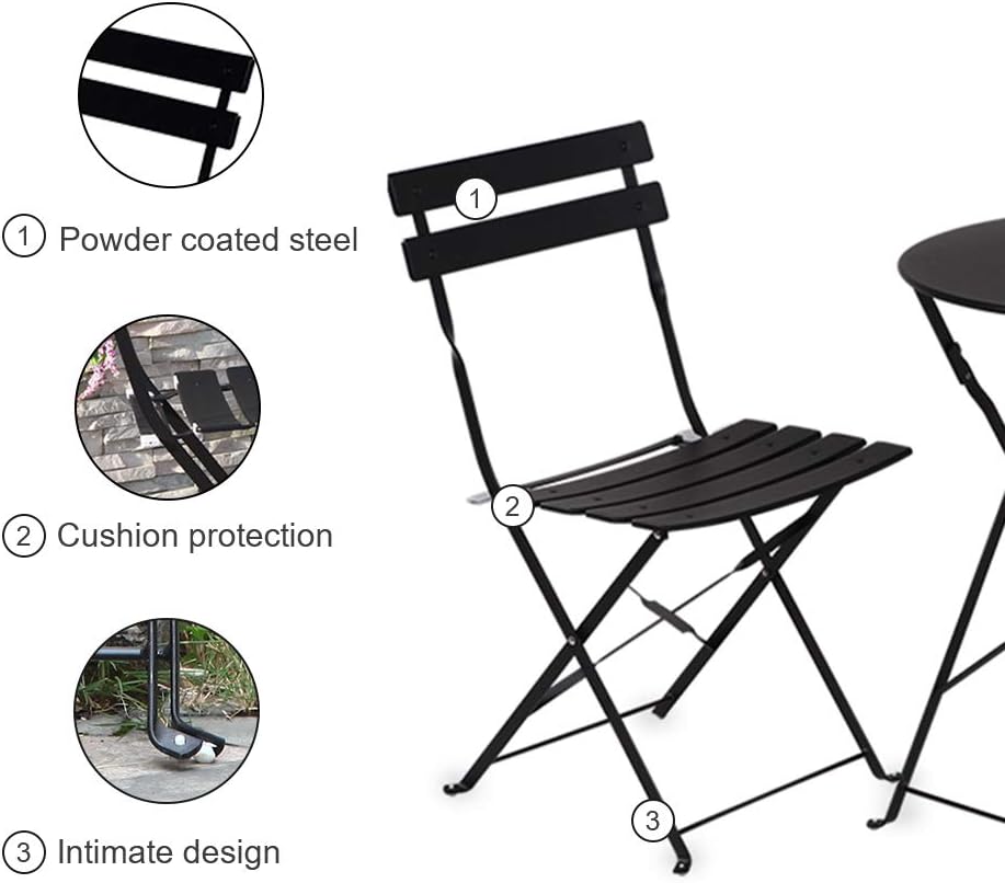 INOVIX Black Grand Premium Steel Bistro, Folding Outdoor Furniture, 3 Piece Set of Foldable Patio Table and Chairs: Home & Kitchen