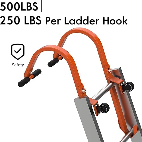 2-Pack Heavy Duty Ladder Roof Hooks – 360° Rotating Universal Wheels, Foam T-Shape Grip Bar, 500 Lbs Capacity, Adjustable Fit For 11-14 Inch Rung Spacing