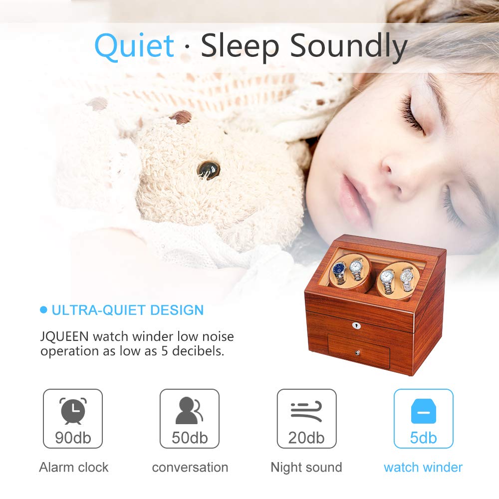 JQUEEN Automatic Wood Watch Winder Display Box 4+9 Storages,with 4 Rotation Mode Setting, Adjustable Watch Pillow for Men’s and Lady’s Automatic Watches Shaker