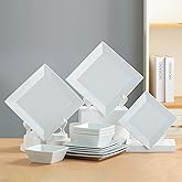 DOMINI 12-Piece Ceramic Kitchen Dinnerware Set, Service for 4, Porcelain Dishes Dinner Set, Square Dinnerware Sets with Dinner Plates, Dessert Plates and Pasta Bowls,Square-White