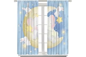 Denruny Cartoon Cute Elephant Curtain Nursery Baby Elephant Rabbit Slleeping on The Moon Windows Drapes for Nursery Room Kids Room Gifts for Boys and Girls Rod Pocket 2 Panels 63L x 21W