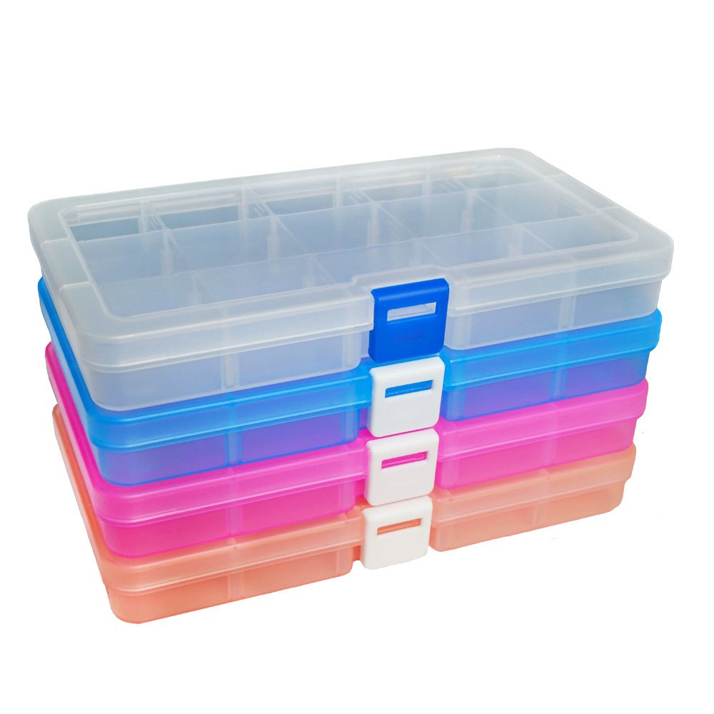 DUOFIRE Plastic Storage Box 15 Compartments Adjustable Divider Organizer Jewelry Earring Tool Containers (4 Packs, 4 Colors)