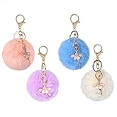 Honbay 4PCS Ballerina Ballet Dancer Fluffy Keychain Faux Rabbit Fur Pom Pom Ball Keyring Artificial Fur Alloy Car Key Holder Hanging Ornament Decoration Women Bag Handbag Backpack Purse Wallet Pendant