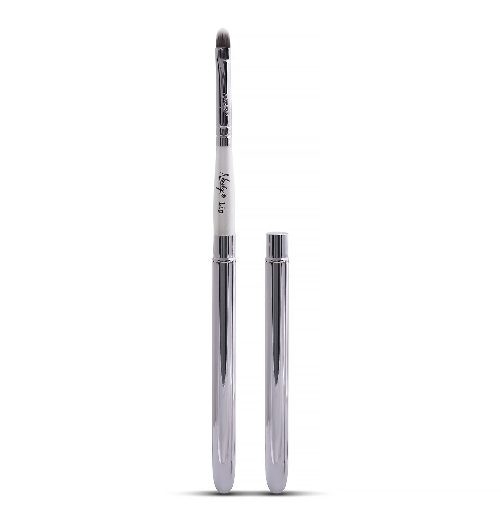 Lip Makeup Brush with Lid better than Retractable use for Lipstick Liner Gloss (White Handle, Chrome Silver Cap) Vegan Cruelty-Free