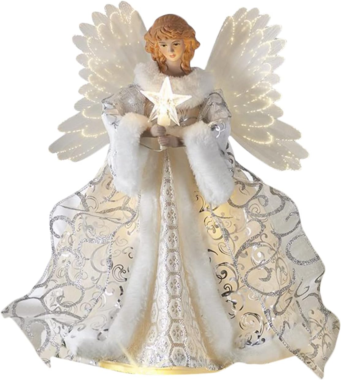 Tree Toppers - ZWMBYN Angel Christmas Tree Topper, Angel Star Treetop with LED Light, Plug in Xmas Tree Ornament with White Feather Wings for Xmas Holiday New Year Wonderland Party Tree Decor