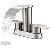 Ultimate Unicorn Waterfall Bathroom Sink Faucet Brushed Nickel, Two Handles Bathroom Faucet with Metal Pop up Sink Drain Stopper, Two Or 3 Holes Bathroom Basin Mixer Tap with Deck Mount Plate