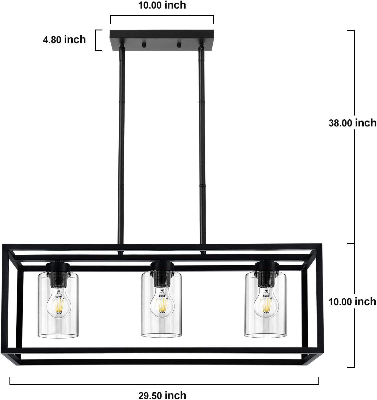 KEDSUM 3 Lights Farmhouse Kitchen Island Lights, Modern Chandeliers Rectangle Black Pendant Lighting for Dinging Room, Hanging Linear Cage Island Lighting with Clear Glass Shade and Adjustable Rods - - 