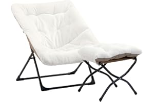 HollyHOME X-Large Saucer Chair with Foldable Ottoman, Comfy Oversized Folding Chair and Folding Footrest Stool Set, Faux-Fur Reading Chair and Footstool for Living Room, Bedroom, White Chair&Stool