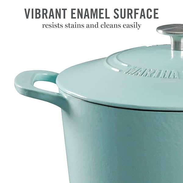 MARTHA STEWART GATWICK 7-QUART ENAMEL CAST IRON DUTCH OVEN – MARTHA BLUE – DURABLE HEAVY-DUTY DUTCH OVEN FOR SLOW COOKING, BRAISING & BAKING