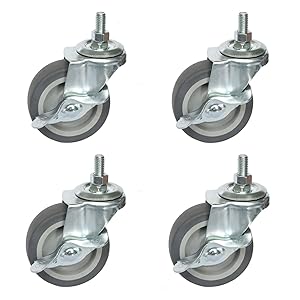 OuYi Caster Wheels, 3Inch Rubber Wheels Heavy Duty, 1/2"-13 x 1" Threaded Stem Mount Industrial Castors, Locking Metal Swivel Wheel, Replacement For Carts, Furniture, Dolly, Workbench, Trolley, 4 Pack