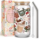 Niyorayna Cute Winter Coffee Glasses Cups Gifts for Women,Friends,Sister,Daughter,Kids,Neice,Glasses Tumbler Mugs Gifts for Birthday,Christmas,Thanksgiving,Glass Coffee Cups with Lid and Straw-86