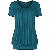 DJT Women's Short Sleeve Summer Tops Scoop Neck Pleated Front Casual Tee T Shirt