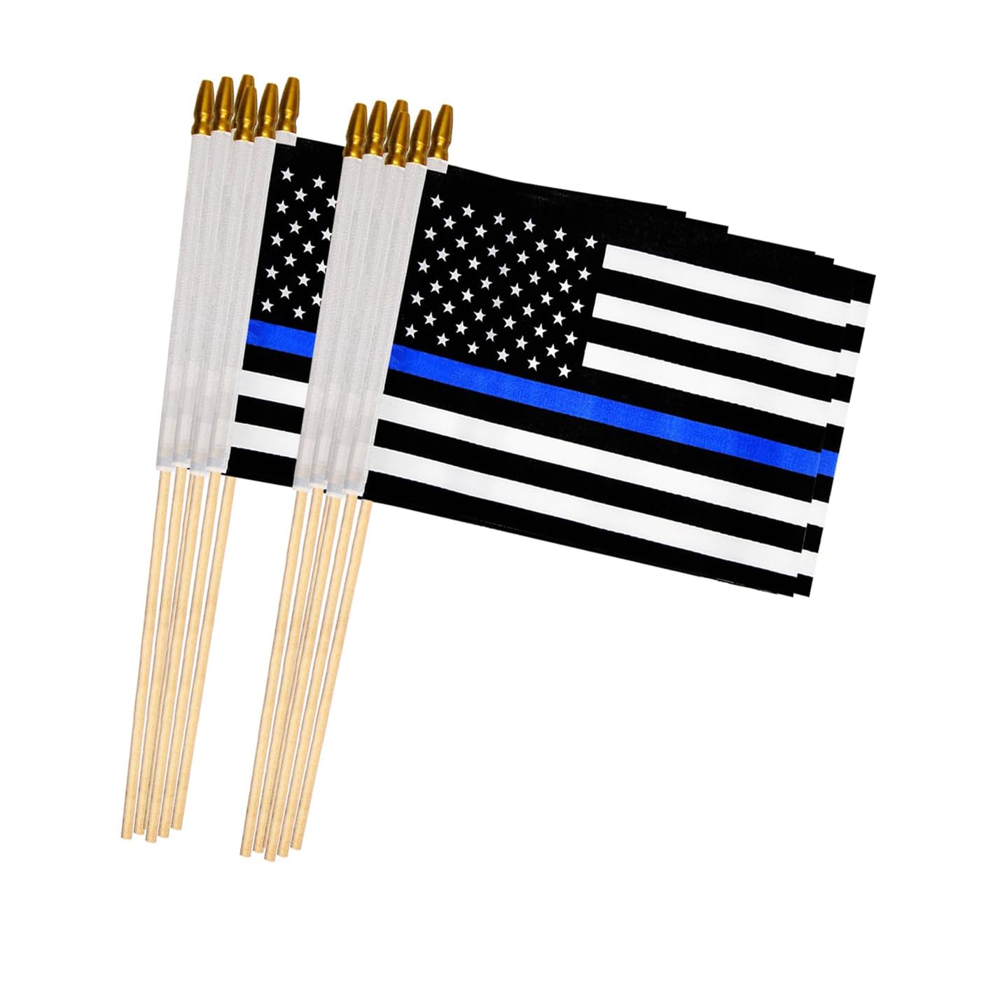 Photo 1 of 12 Pack 4 x 6 Inch Thin Blue Line Flag Small American Flag, Hand Held Wood Stick Flags with Kid-Safe Spear Top, Mini Outdoor Garden Decoration
