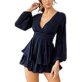 AIMCOO Women's Floral Print Deep V-Neck Romper Double Layer Ruffle Hem Jumpsuits Long Baggy Sleeves Waist Tie Short Rompers