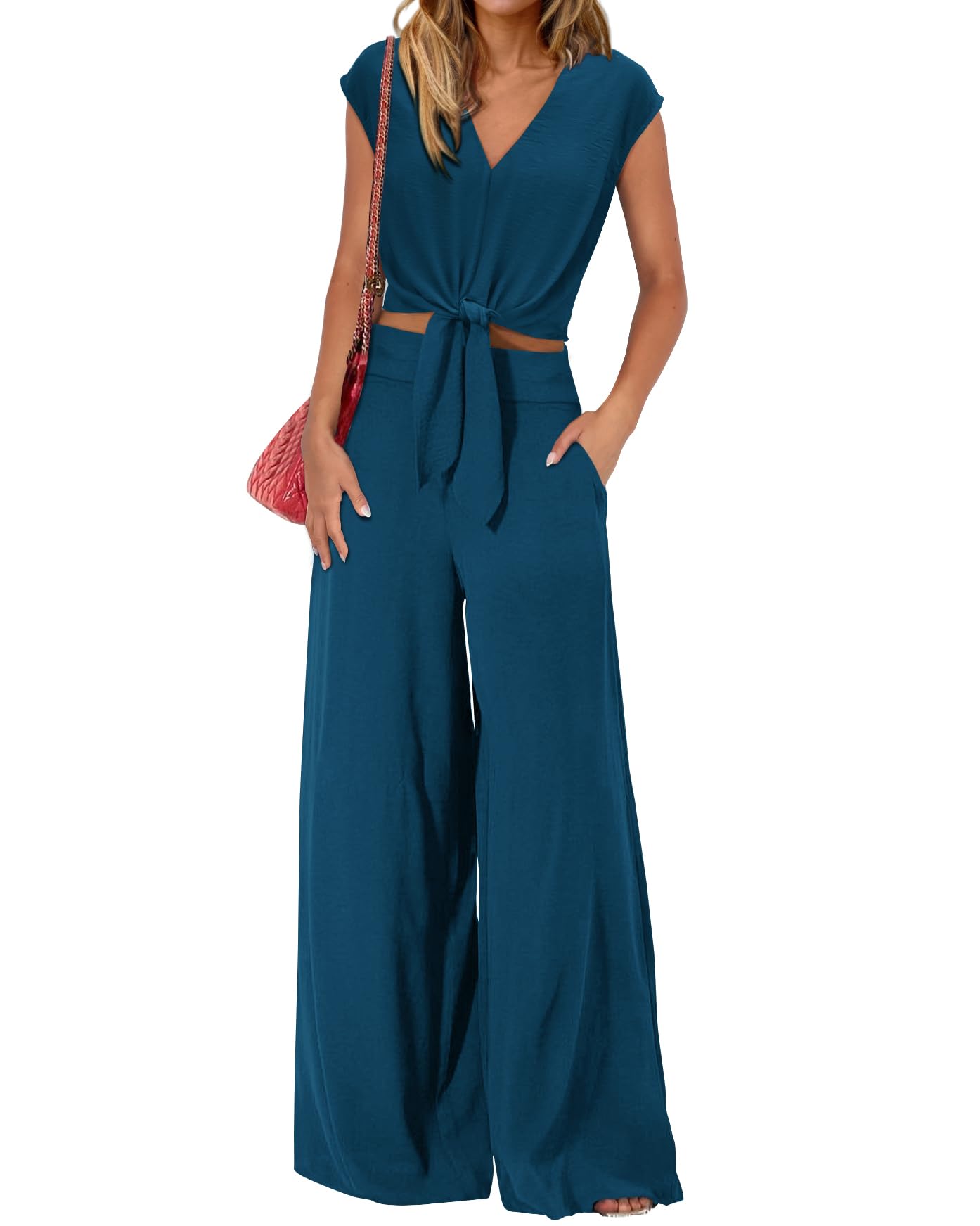 Photo 1 of (ONLY BOTTOMS) PRETTYGARDEN Two Piece Outfits For Women 2025 V Neck Cap Sleeve Strappy Crop Tops Loose Fit Wide Leg Pants Sets(Solid Teal,Medium)