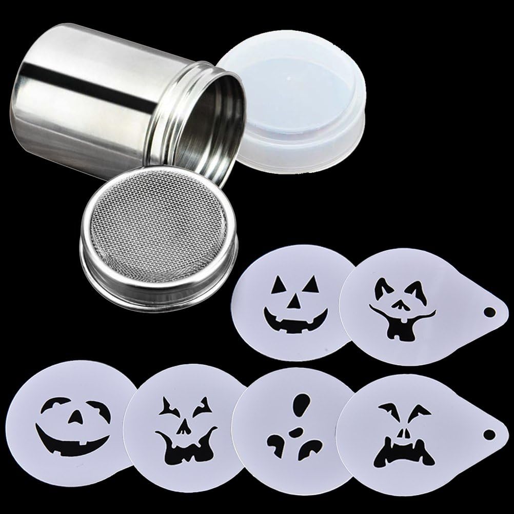 EdaEve 6 PCS Halloween Cappuccino Art Stencils Coffee Barista Stencils & 1 PC Stainless Steel Chocolate Cocoa Flour Sifter Icing Sugar Powder Shaker