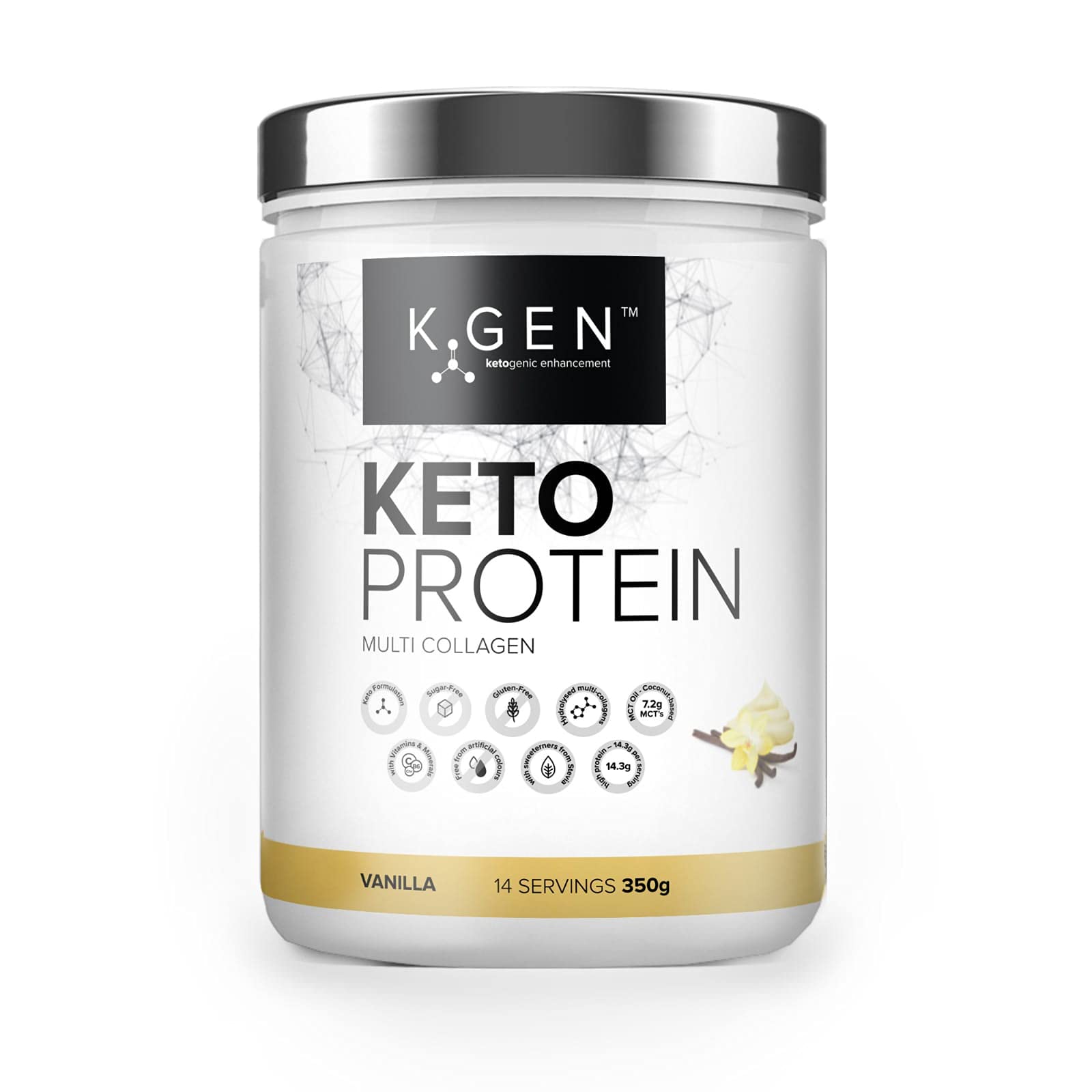 K-GEN Keto Collagen Protein Powder Natural Vanilla Multi Collagen Blend with Coconut MCT Oil, Vitamin C + B6, Stevia | UK Made for Diet, Fat Loss | Low Carb, Zero Gluten & Sugar
