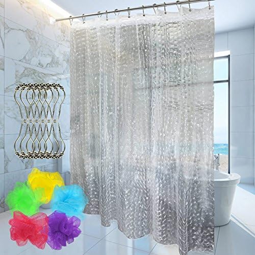 ForPeak Shower Curtain with 12 Rustproof Metal Hooks and 1 Bath Sponge Set Mildew Resistant 3D EVA Semi Transparent 72 x 72 inch