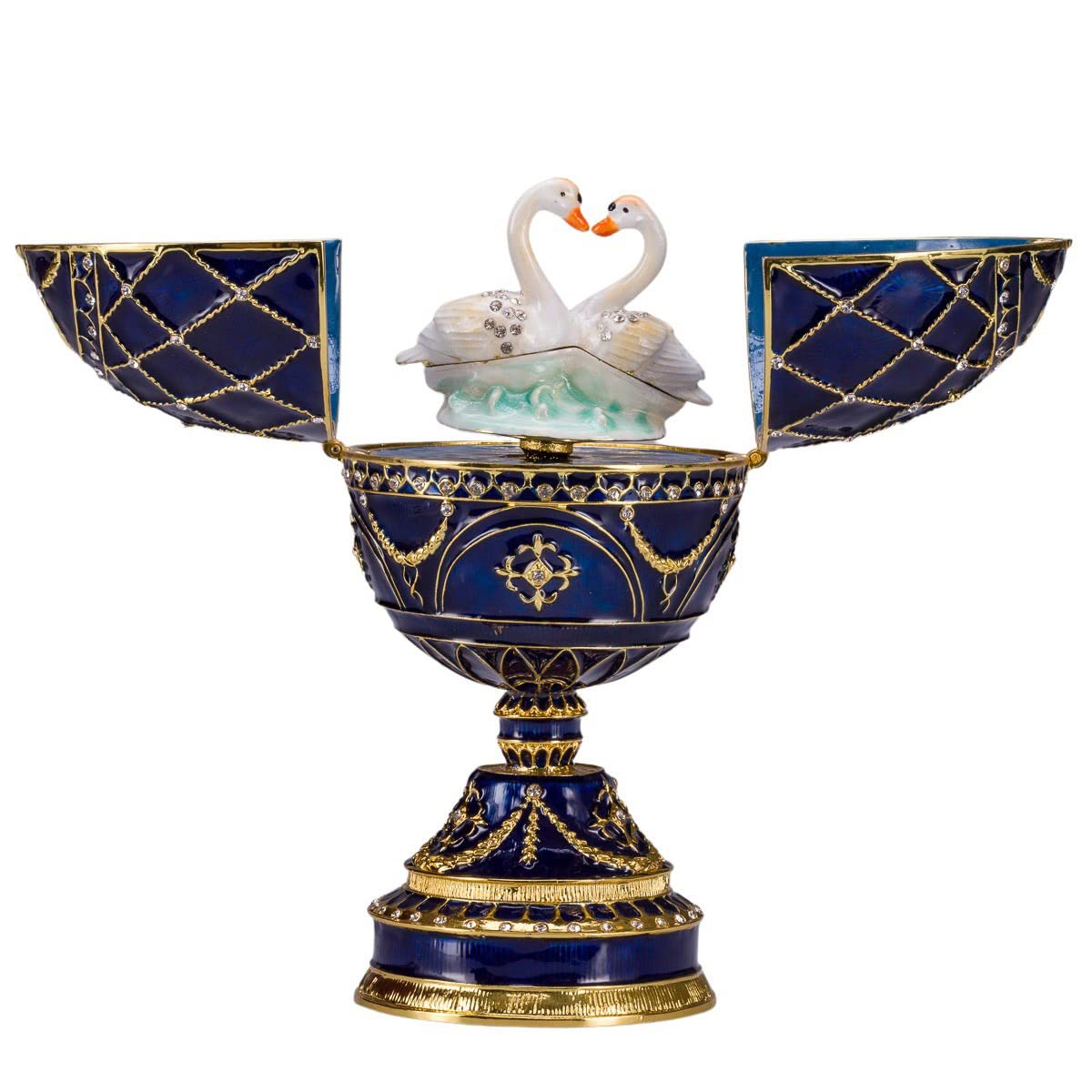 danila-souvenirs Glamorous Style Easter Egg Music Box Trinket Jewel Box with Two Swans 17 cm blue
