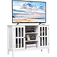 Tangkula White TV Stand, Modern Tall Entertainment Center for TVs up to 50", Media Console w/2 Storage Cabinets & 3 Open Shelves, Wire Hole, Wood TV Console Table for Living Room, White