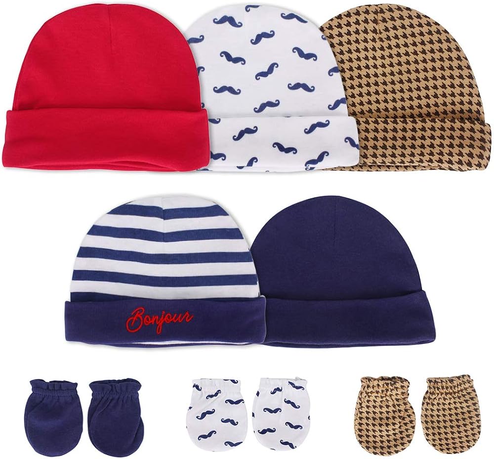 LACOFIA Newborn Baby Beanie Hats and Anti Scratch Mittens Set Infant 100% Cotton Caps and Gloves Newborn Boys Hats 0-6 Months - Image 3