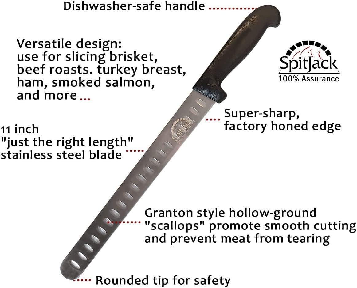 SpitJack BBQ Smoked Brisket Knife for Meat Carving and Slicing - Stainless Steel, Granton Edge, 11 Inch Blade: Kitchen & Dining