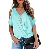 LEIYEE Womens Summer Cold Shoulder Tops Short Sleeve Front Twist Knot V Neck T Shirts Draped Blouses