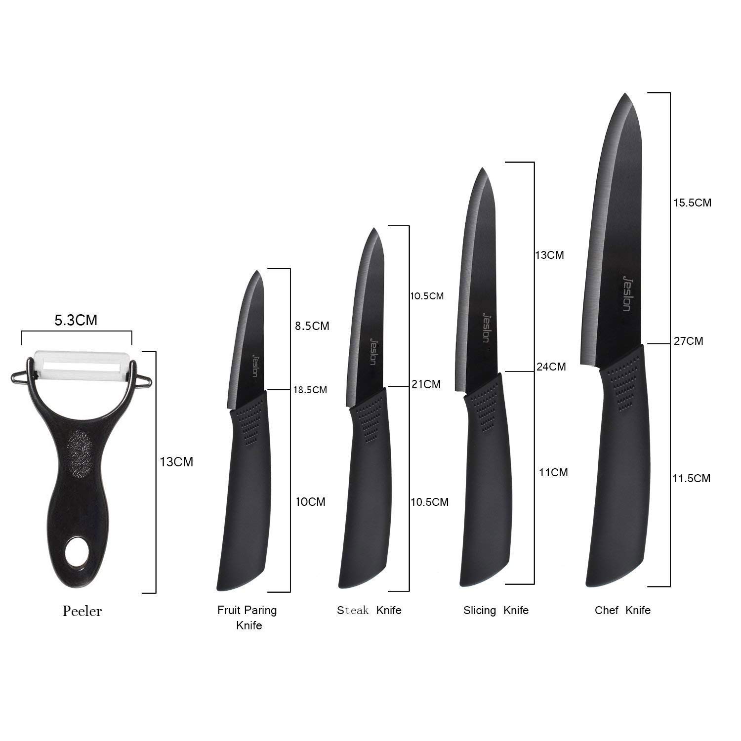 Jeslon Kitchen Knives Set, 5 Piece Ceramic Knives Black Blade 3inch Paring Knife, 4inch Fruit Knife, 5inch Utility Knife, 6inch Chef Knife and One Peeler