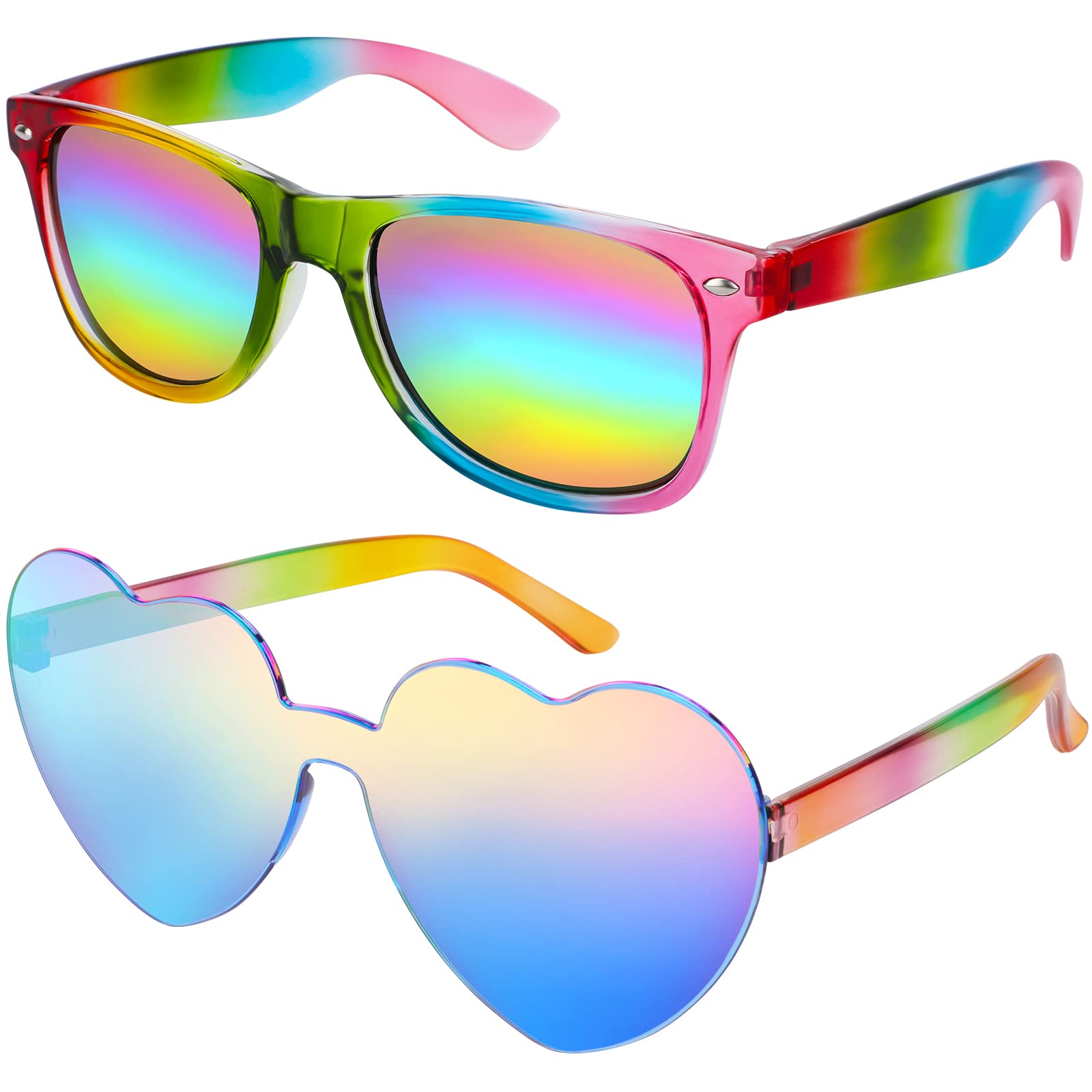 Hifot Colored Sunglasses Set, Heart Shaped Rimless Sunglasses + Rainbow Retro Sunglasses, Party Novelty Glasses for Women Men Kids, Festival Party Funky Lgbtq Rainbow 90s Sunglasses Accessories