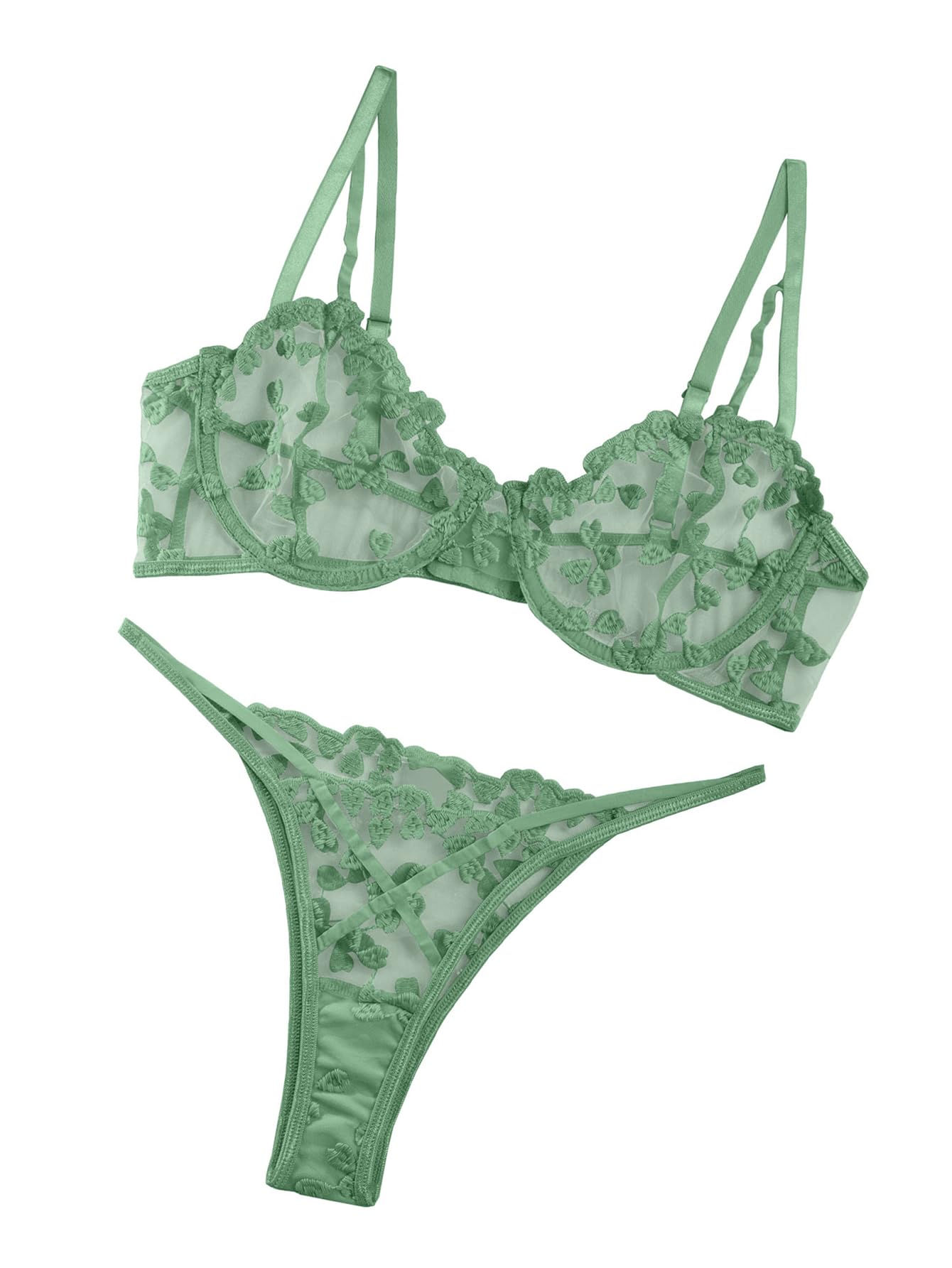 Photo 1 of Lilosy Sexy Cute Underwire Push Up Strappy Heart Embroidered Mesh Sheer Lingerie Set for Women See Through Bra and Panty 2 Piece Light Green Small