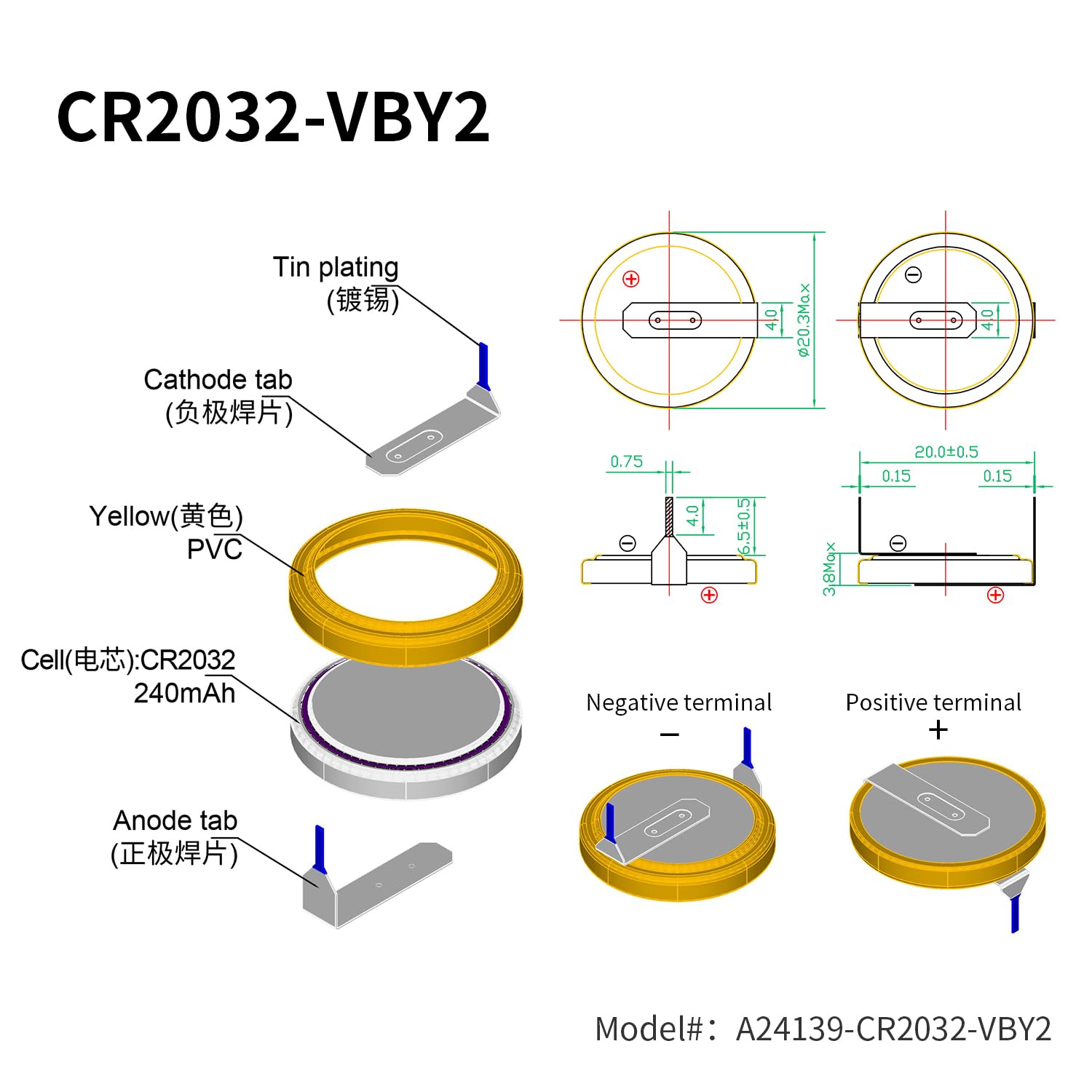 EEMB 10-Pack Tabbed CR2032 Battery CR2032 3V Lithium Battery with Solder Tabs 2032 Coin Cell Lithium Batteries for SNES, N64, Gameboy Color Game Replacement