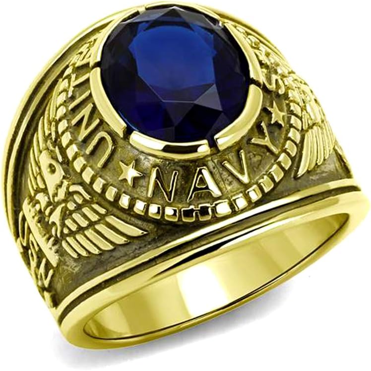 Men's IP Gold Plated Stainless Steel Blue Oval Glass US Navy Ring