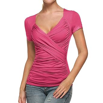 Zegeey Damen T-Shirt V-Ausschnitt Kurzarm Einfarbig Kreuz ÜBerlappung Falten Top Oberteil Blusen Tops Shirts Elegant Lose Mode