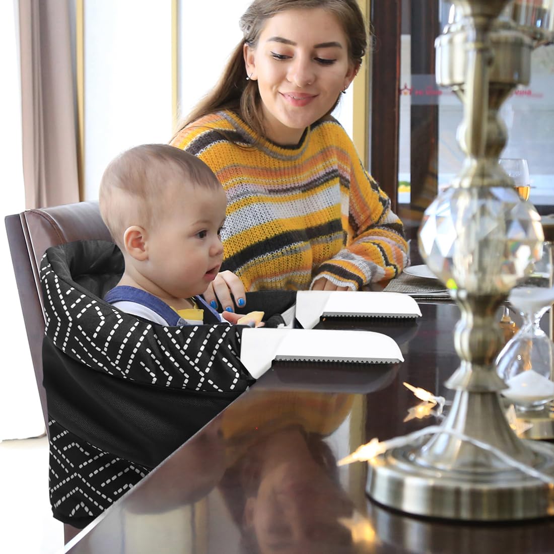 MTWML Portable High Chair for Table,Hook On High Chair That Attaches to Table,Space Saver Clip On Counter Seat for Baby,Easy Clean Baby Feeding Clamp Seat with Carry Bag for Travel(Stripe-Black)