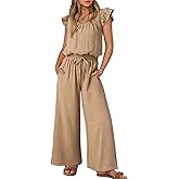 Dokotoo Jumpsuits for Women 2026 Summer Ruffle Sleeves Square Neck Rompers Drawstring Overalls with Pockets