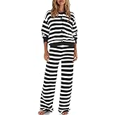 ReachMe Womens Oversized Striped 2 Piece Sets Button Up Cardigan and Wide Leg Pants with Pockets Fall Pajama Outfit