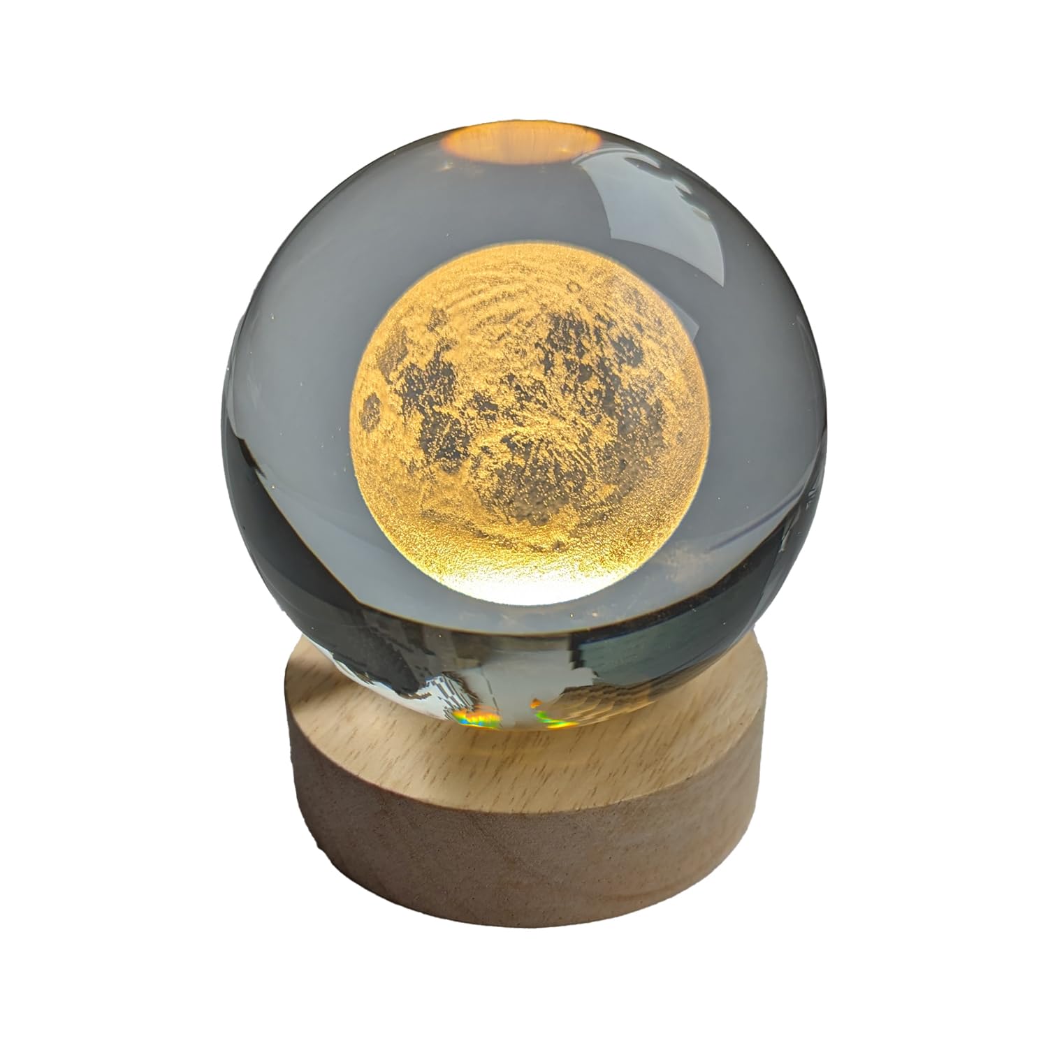 Pfronten Schmuck Hologram Glass Ball (Approx. 8 cm) Moon with Wooden LED Coaster (approx. 7 cm) 3D Crystal Ball Night Light Mood Light Lamp
