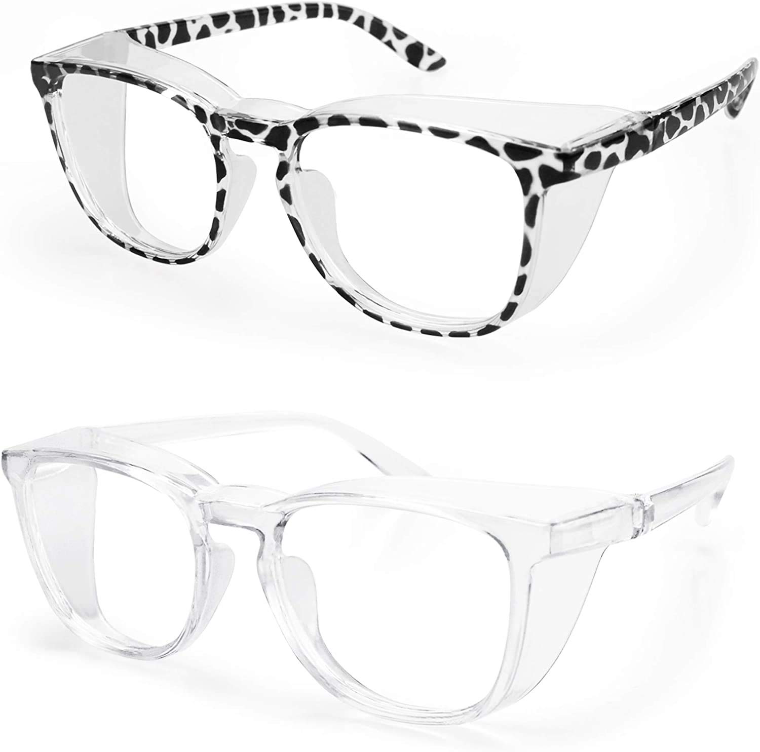Safety Goggles Anti-Fog Tactical glasses with Side Shields Clear Safety glasses with Anti-Scratch UV400 protection Lens Goggles Inside Eyeglasses (Transparent frame&Clear lens) (Black Leopard + white)