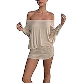 SOLY HUX Women's Off The Shoulder Mini Dress Long Sleeve Ruched Sheer Bodycon Going Out Dresses