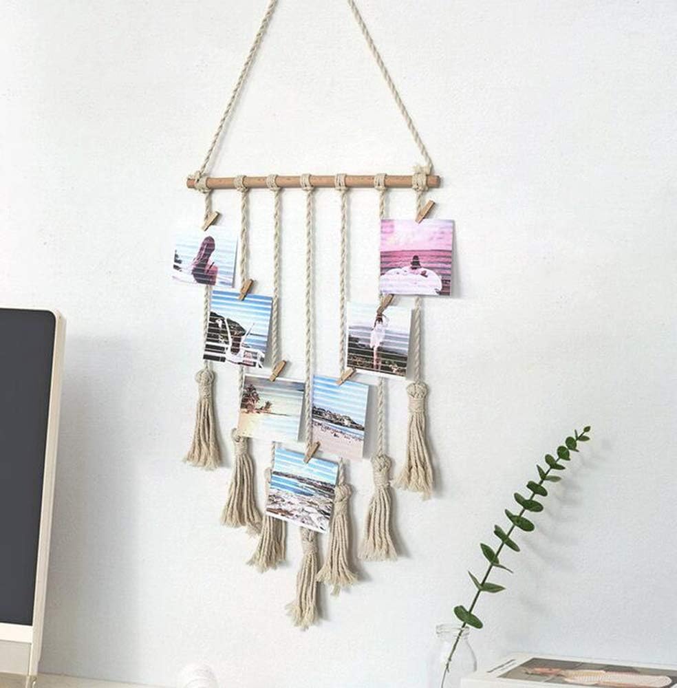 Amazon Com Moyouno Hanging Photo Display Handmade Macrame Tassel Wall Hanging Pictures Organizer Boho Home Decor Diy With 25 Wood Clips Beige Furniture Decor