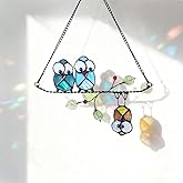 Stained Glass Birds,owl,Stained Glass Window Hanging,Multicolor Owls on The Living Tree with Green Leaf and red Berries,Bird suncatcher for Windows Room Home,Deco,Gift for Mom,and Bird Lovers.