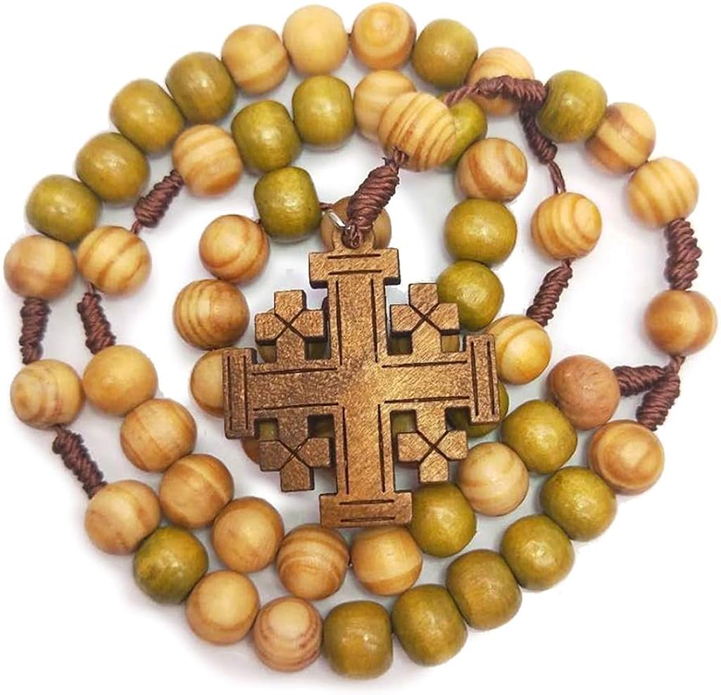 JENOR Jesus Wooden Prayer Beads 10mm Rosary Cross Necklace Pendant