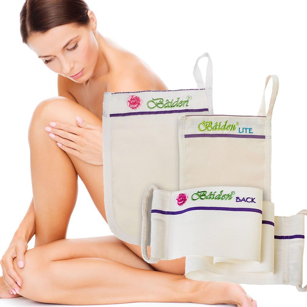 Baiden Exfoliator System-Best Firming Face Body & Back Scrub Mitts-Remove Blackheads, Dry Skin, Wrinkles, Cellulite, Controls Acne-Top Facial Lips Eyelids Treatment-Circulation and Collagen Boosting