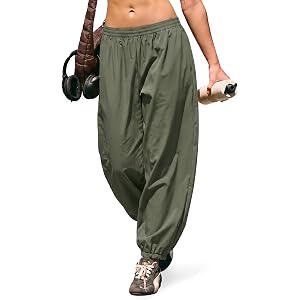 EXLURA Womens Quick Dry Balloon Track Pants Baggy Parachute Pants Pockets | Elastic Waist Cargo Pants, Lightweight Hiking Pan