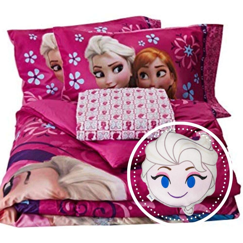 Kelsteve Disney Frozen Nordic Summer Floral Dark Purple Bedding Set with Bonus Elsa Plush Pillow Bundle |Frozen Bedroom Decor| Perfect for Daughter, Niece, Granddaughter, Friend, and More