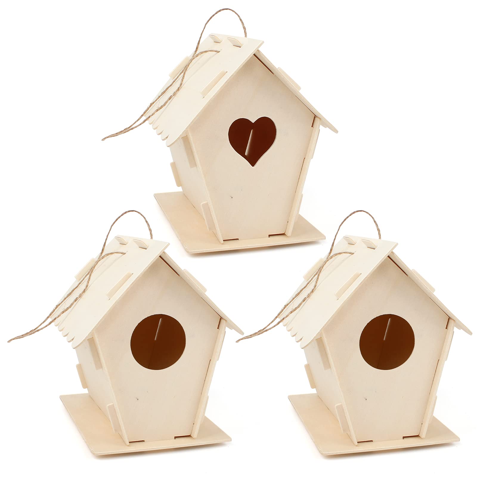 Iyowei 3Pcs DIY Bird House Kit, Unfinished Paintable Wooden DIY Birdhouse Kit for Kids DIY Wooden Birdhouse Crafts Making Set for Girls Boys