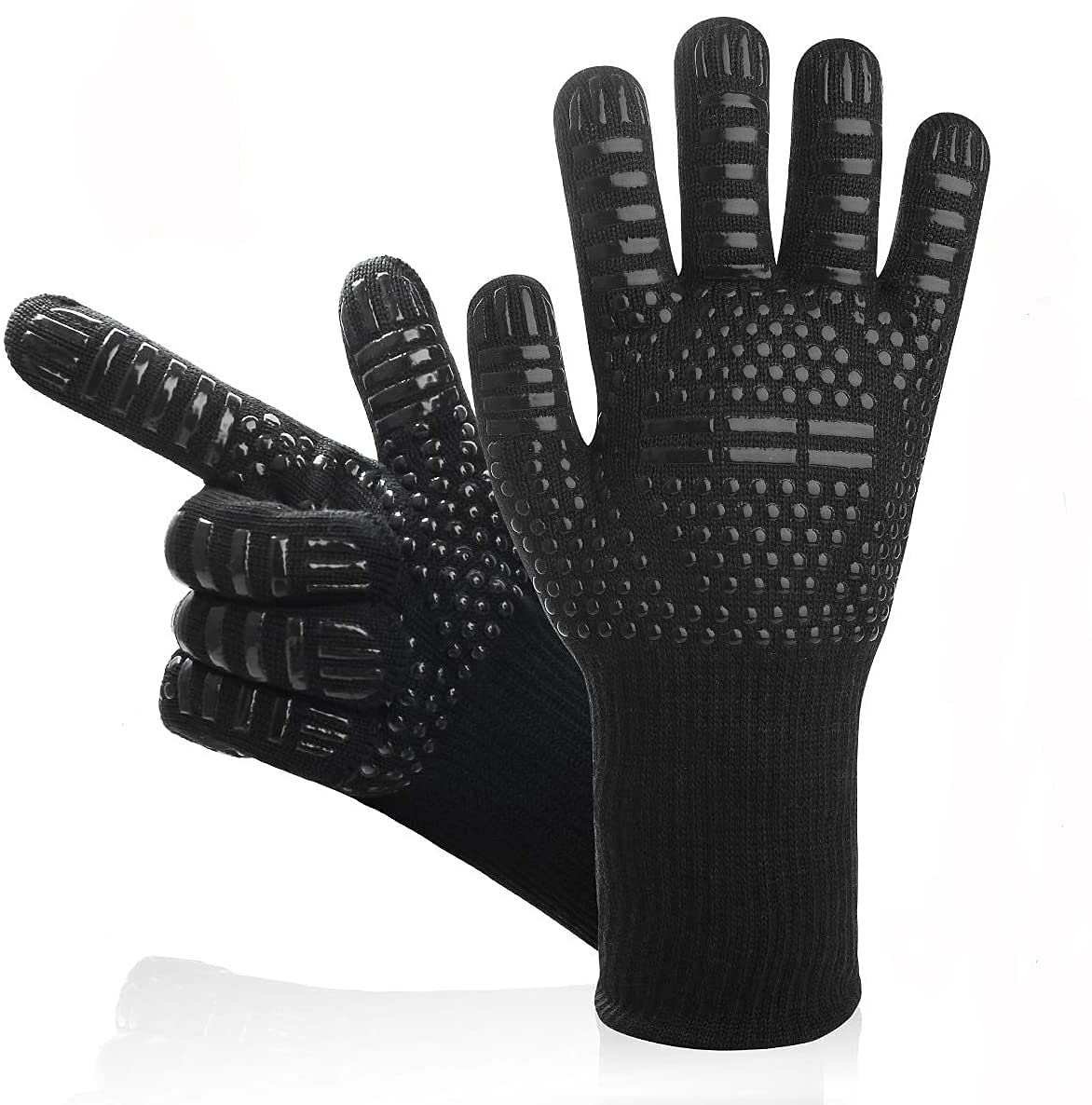 Lichi 2 Pcs BBQ Mitts, Heat Resistant High Temperature 800℃/1472℉ Flame Retardant Fireproof Barbecue Heat Insulation Silicone Microwave Oven Gloves - Black