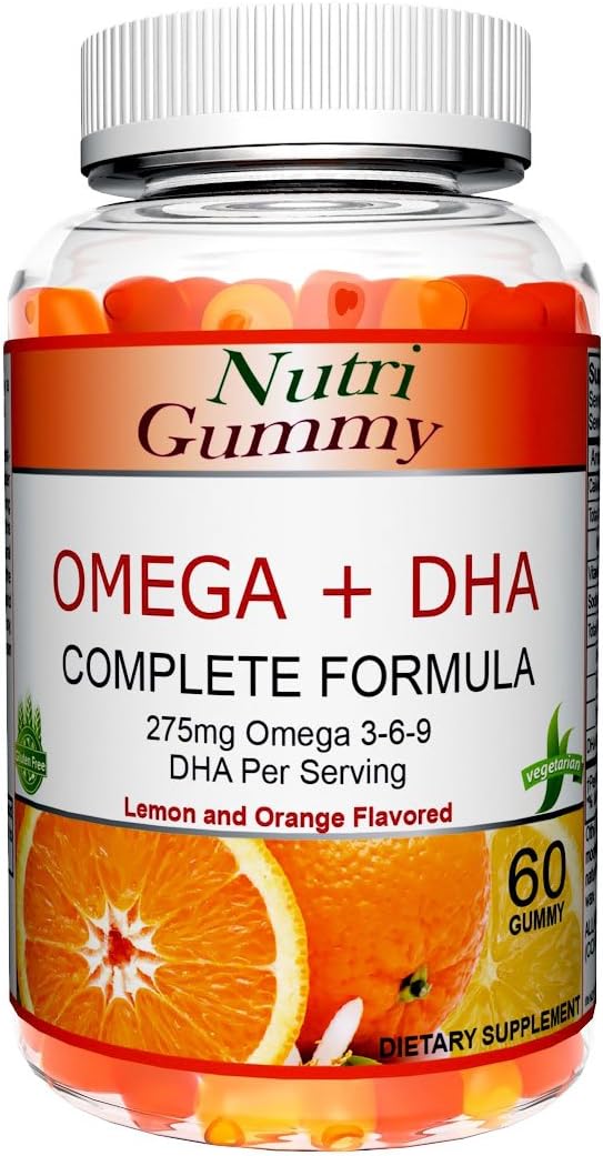 NutriGummy Omega 3 6 9 + DHA Gluten-Free Adult Gummy, Advanced Complete Formula Lemon and Orange Flavored, 60 Gummies