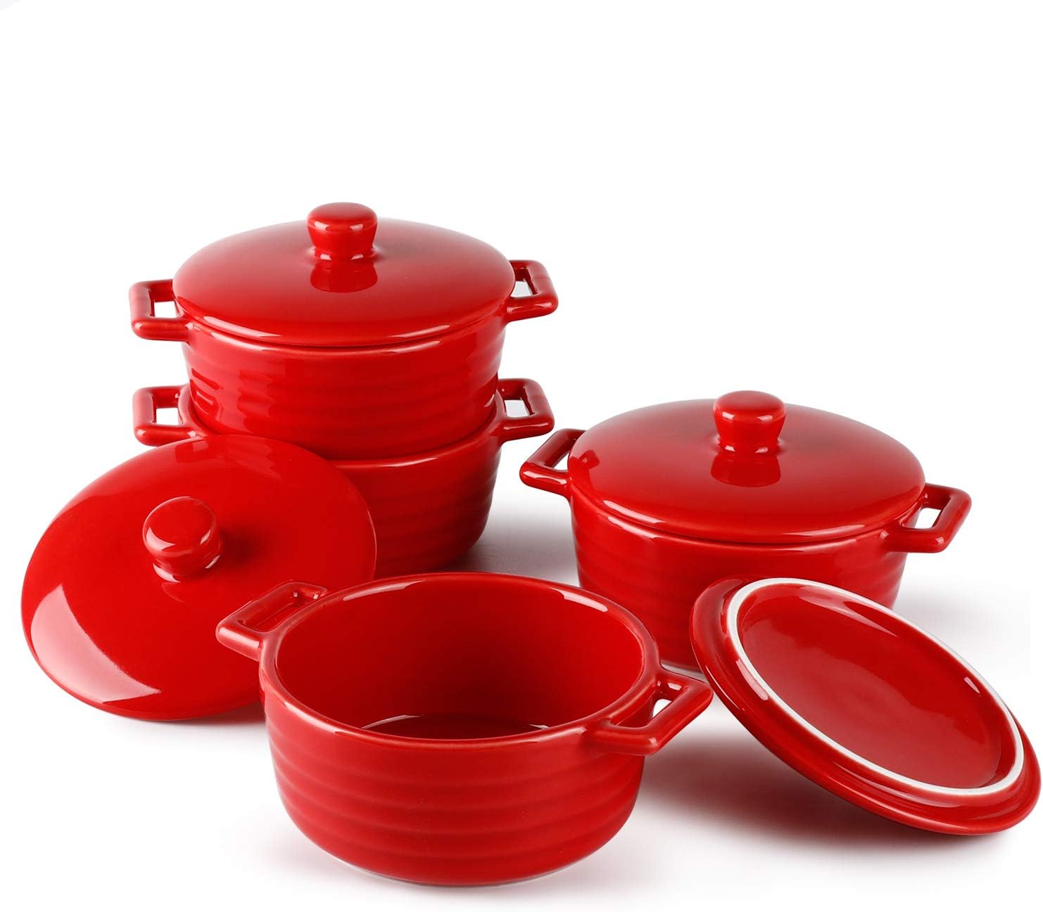 Sweese 510.104 Porcelain Ramekins, 7 Ounce Round Mini Casserole Dish with Lid, Set of 4, Red