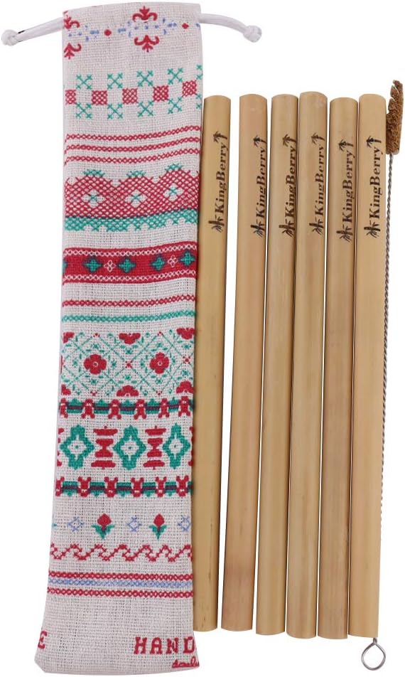 Organic Bamboo Straws Reusable Natural Bamboo Drinking Straw 6PCS - with Cleaning Brush & Storage Pouch (10mm)